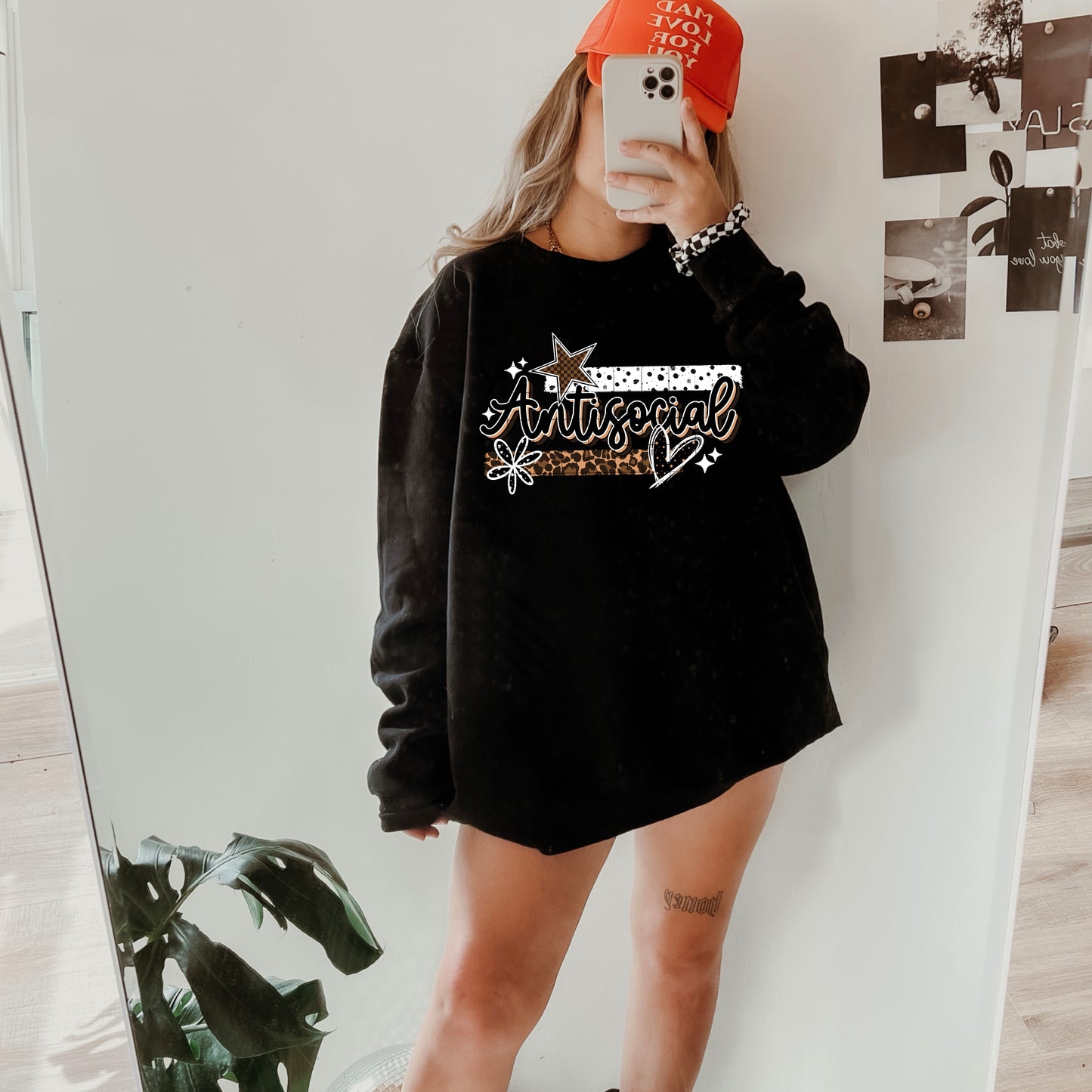 Antisocial Sweatshirt | Funny Introvert Crewneck | Cozy Graphic Sweatshirt | Leopard Print Pullover | Homebody Sweatshirt | Social Battery Sweatshirt | Gift for Introverts 🖤✨