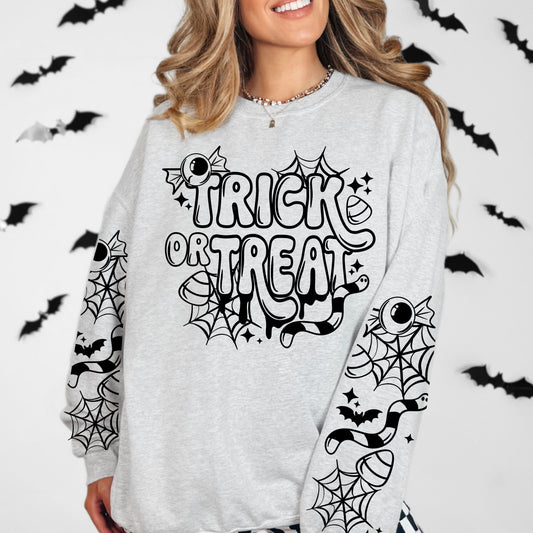 Trick or Treat Halloween Sweatshirt | Cute Candy Halloween Crewneck | Spooky Ghost & Spider Web Pullover | Black Halloween Sweatshirt | Trick or Treat Graphic Crewneck | Fall Halloween Gift for Women | October Sweatshirt 🍬👻🕷️🕸️🎃