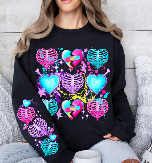 💔🩻 Neon Broken Hearts Skeleton Crewneck
