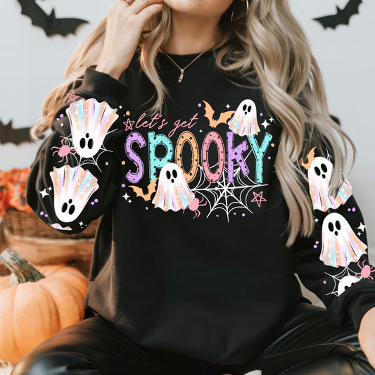 Let's Get Spooky Ghost Halloween Sweatshirt | Cute Ghost Sleeve Crewneck | Spooky Season Pullover | Pastel Ghost Halloween Sweatshirt | Fall Graphic Crewneck | Cozy Halloween Sweatshirt | Boo Crew Gift 👻🕸️🦇🎃