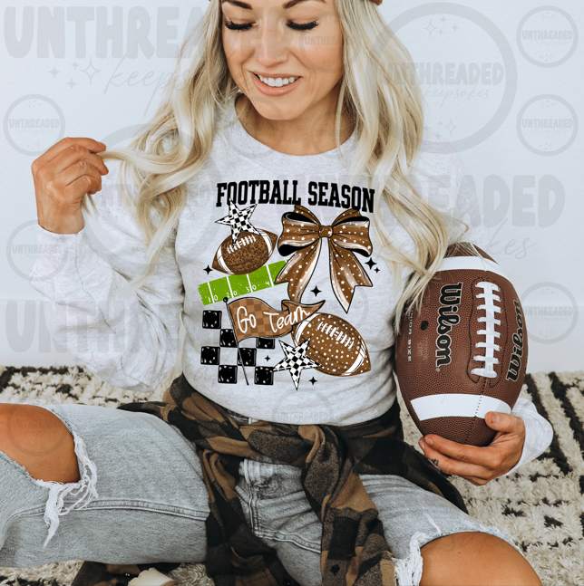 Football Season Go Team Coquette Bow Graphic Sweatshirt or T-Shirt – Women’s Game Day Apparel 🏈🎀