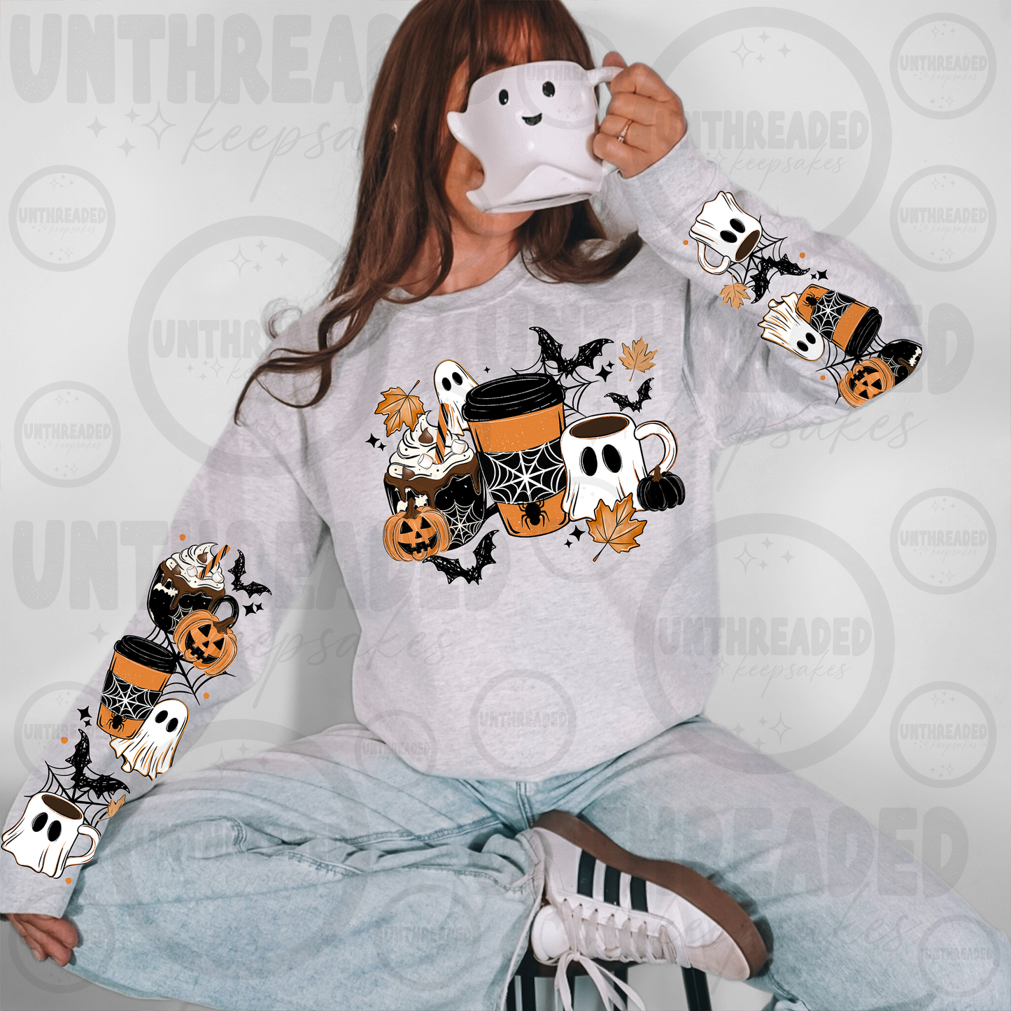 Spooky Coffee & Ghosts Halloween Crewneck Sweatshirt 👻☕🎃