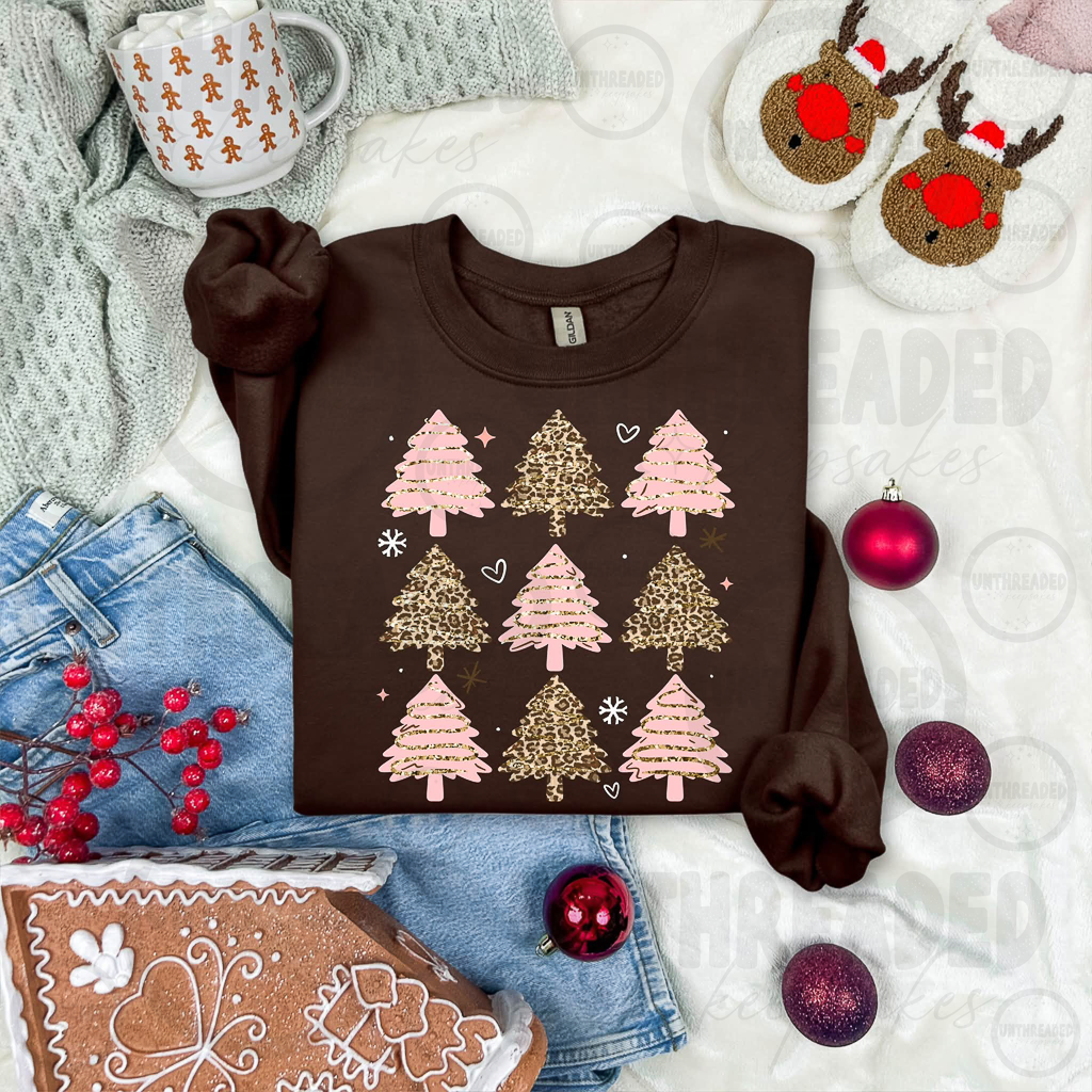 Brown crewneck with pink and leopard Christmas trees