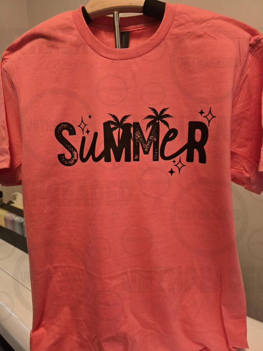 Palm Tree Summer Vibes Tee – Coral Pink Medium