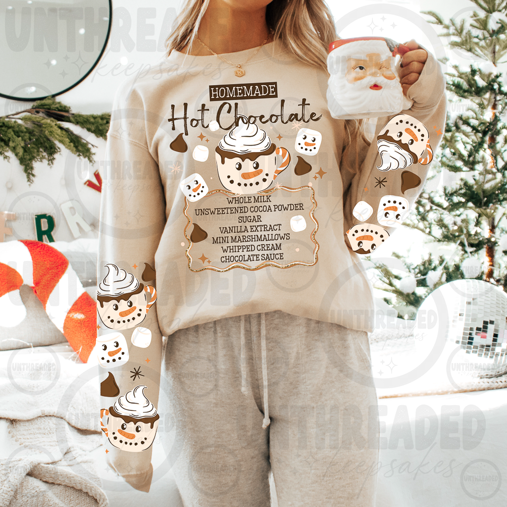 Homemade Hot Chocolate Christmas Crewneck Sweatshirt – Snowman Cocoa Recipe with Sleeve Designs