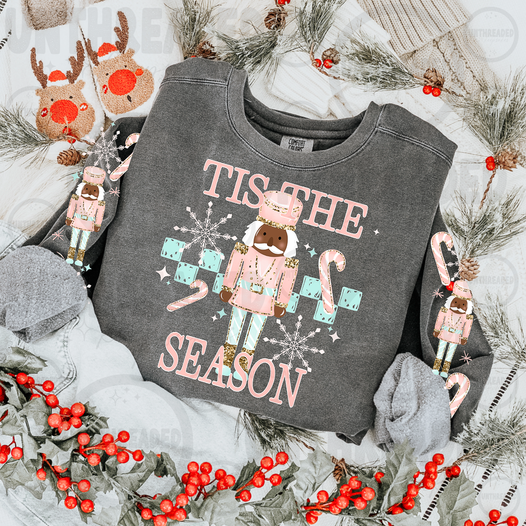 Brown nutcracker Tis the Season crewneck with sleeve design