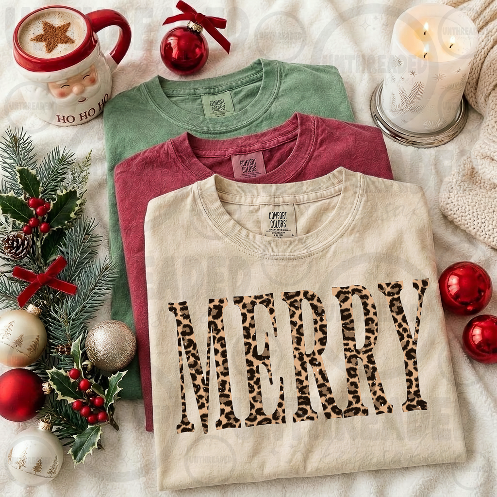 Merry leopard print Christmas graphic tee mockup