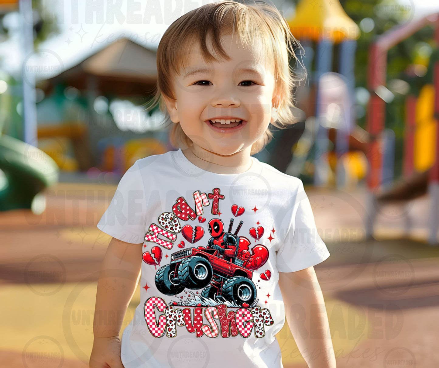Heart Crusher Funny Superhero Monster Truck Valentine Shirt – Kids