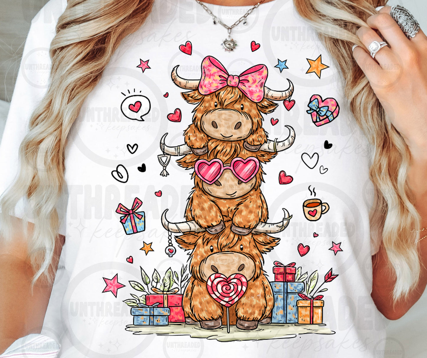Valentine Highland Cow Graphic T-Shirt | Cute Cow Love Hearts Gift Tee