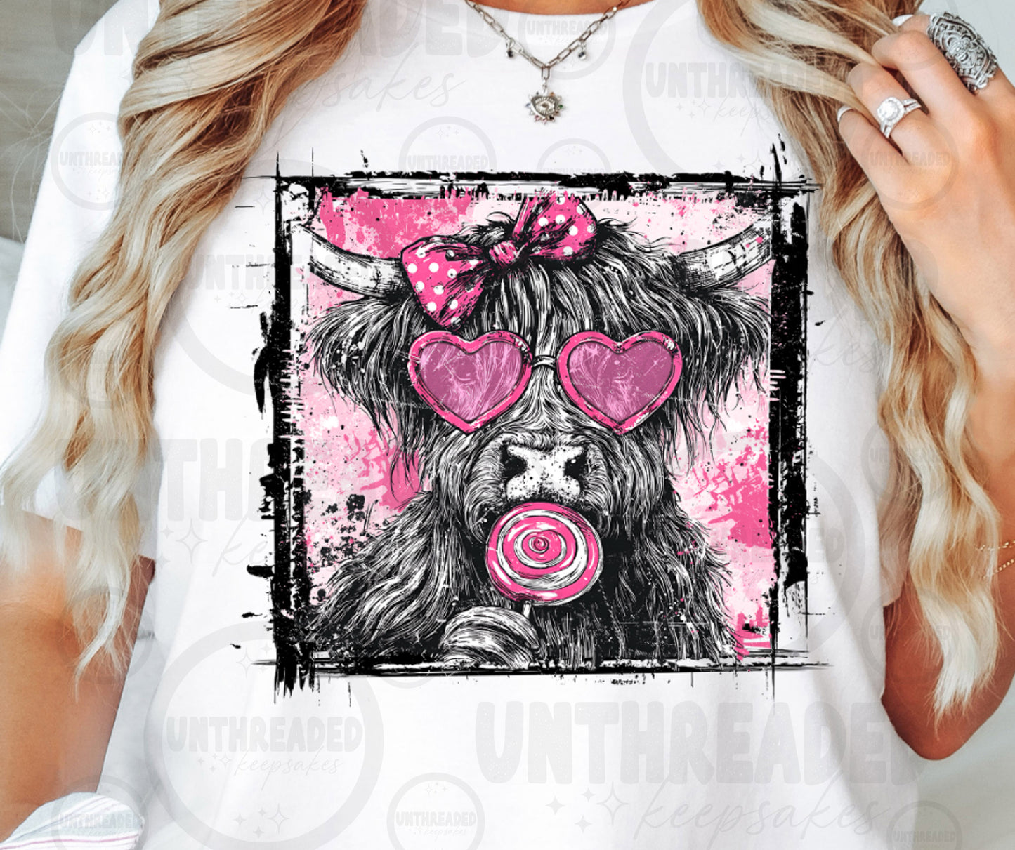 Highland Cow Valentine Bow Graphic T-Shirt | Cow Love Heart Sunglasses Tee