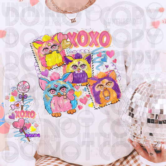XOXO Furby Valentine Crewneck | Cute Retro 90s Cartoon Love Sweatshirt | Colorful Heart Pullover | Cozy Vintage Style | Fun Valentine Gift for Her or Him