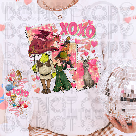 XOXO Valentine Shrek Characters PNG | Cute Love Movie Couple Clipart | Funny Valentine Shirt Design | Retro Cartoon Lovers Sublimation File