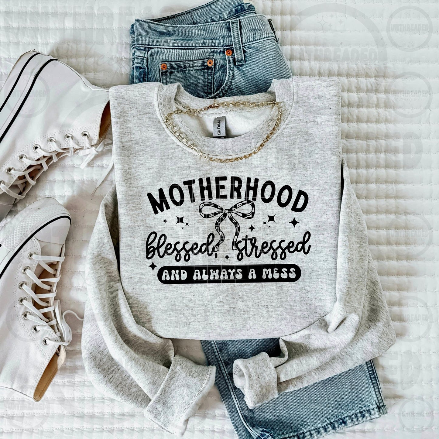 Motherhood Blessed & Stressed Sweatshirt | Funny Mom Crewneck | Cozy Mama Graphic
