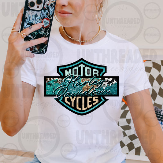 Teal Leopard Motorcycle Graphic Tee | Vintage Biker-Inspired Shirt