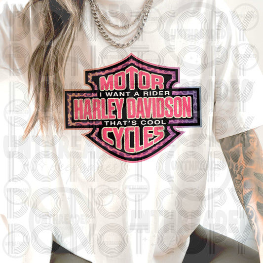 I Want a Rider Motorcycle Graphic T-Shirt | Pink Leopard Biker Tee