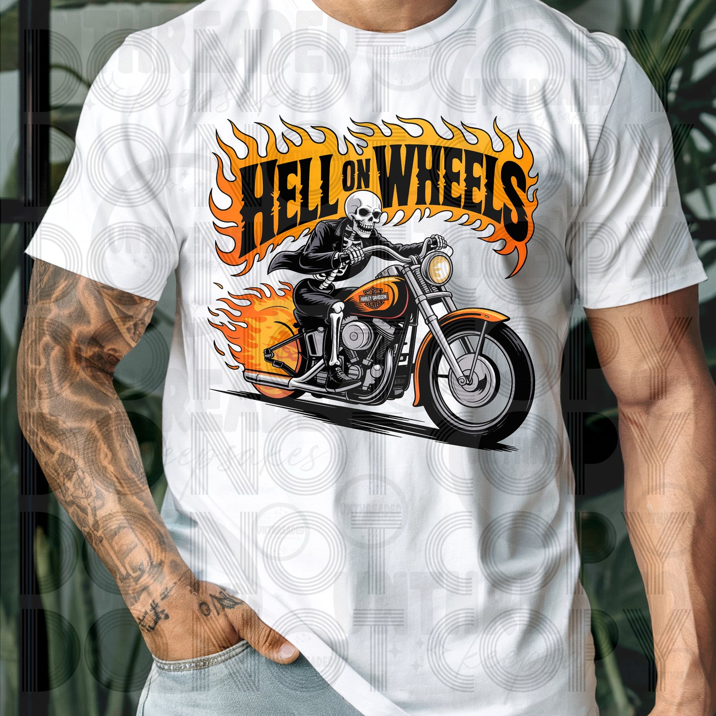 Hell on Wheels Biker Tee – Flaming Skeleton Motorcycle Shirt