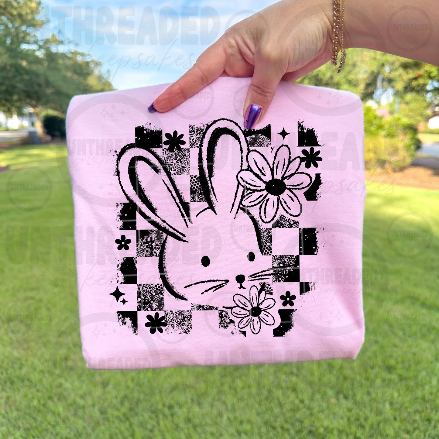 Retro Bunny Checkerboard Graphic Tee | Cute Floral Rabbit Shirt