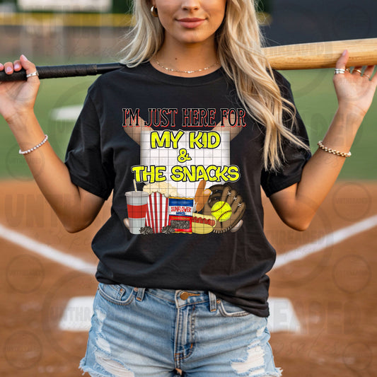 I'm Just Here for My Kid and the Snacks Softball Graphic T-Shirt | Funny Sports Mom Tee | Game Day Unisex Shirt | Softball Parent Apparel