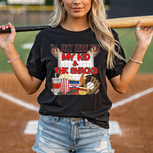 I'm Just Here for My Kid and the Snacks Baseball Graphic T-Shirt | Funny Sports Mom Tee | Game Day Unisex Shirt | Baseball Parent Apparel