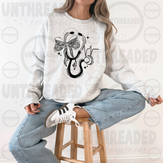 Coquette Nurse Sweatshirt | Stethoscope Bow Crewneck | Nurse Life Graphic Sweatshirt | RN Gift | CNA Gift | Medical Heartbeat Sweatshirt | Healthcare Worker Pullover 🩺🎀