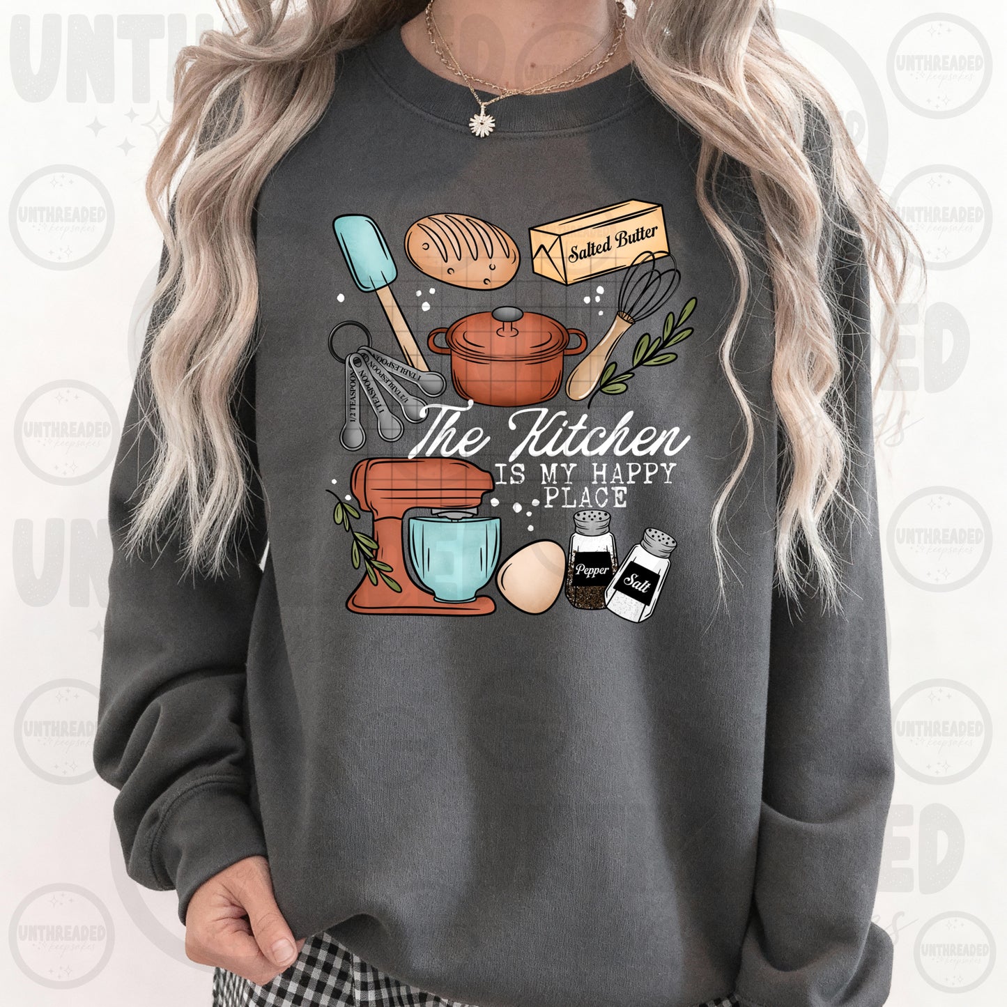 The Kitchen Is My Happy Place Sweatshirt | Baking Lover Crewneck | Cozy Kitchen Graphic Sweatshirt | Baker Gift for Mom | Cooking Lover Pullover | Foodie Sweatshirt 🍞🧈🥣