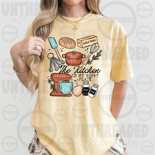 The Kitchen Is My Happy Place Graphic T-Shirt | Funny Cooking Tee | Food Lover Unisex Shirt | Home Chef Apparel
