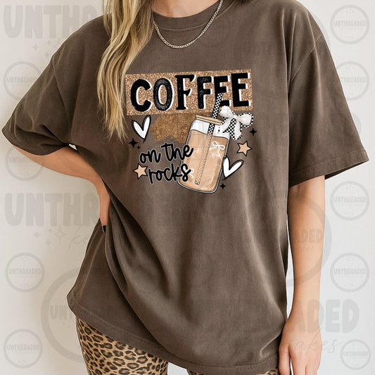 Coffee on the Rocks Graphic T-Shirt | Funny Iced Coffee Lover Tee | Caffeine Addict Unisex Shirt | Trendy Coffee Apparel