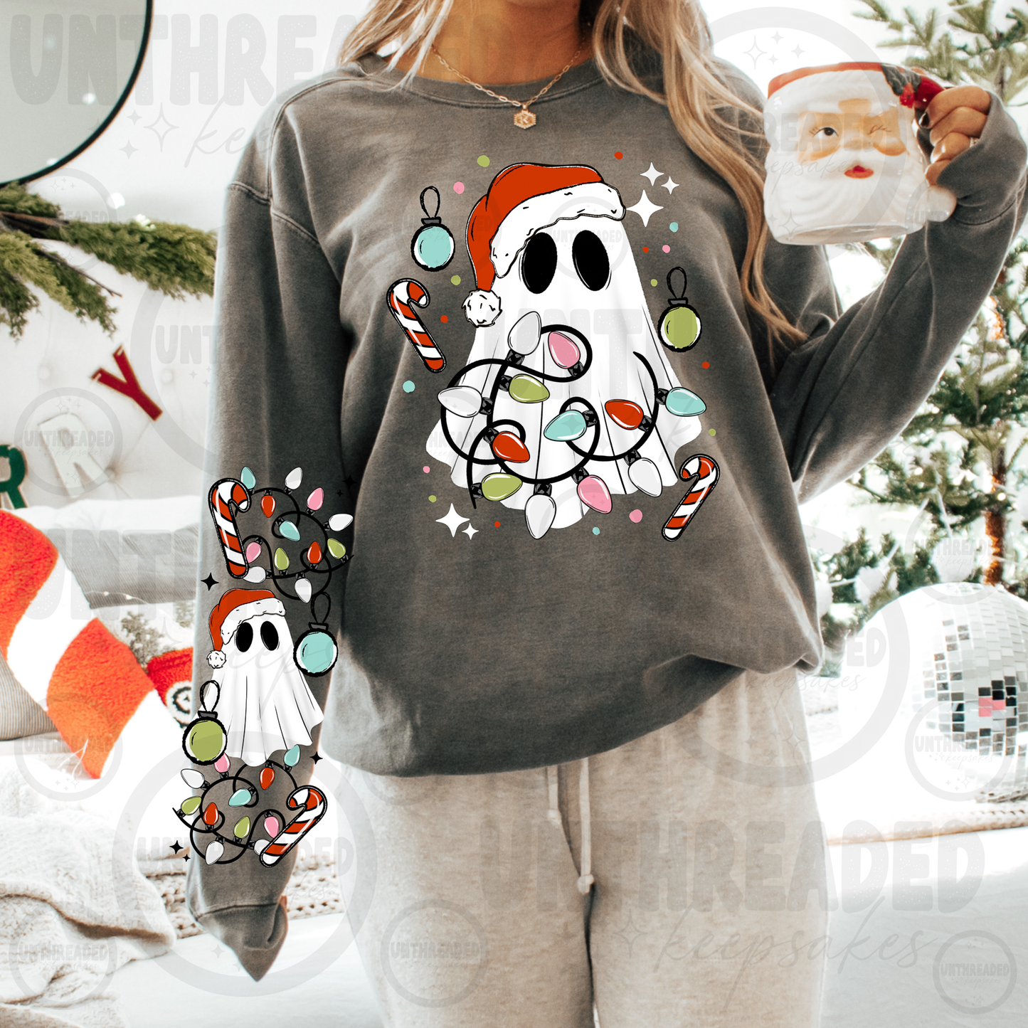 Christmas Ghost Lights Graphic Sweatshirt with Sleeve Design