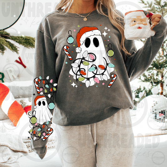 Christmas Ghost Lights Graphic Sweatshirt with Sleeve Design