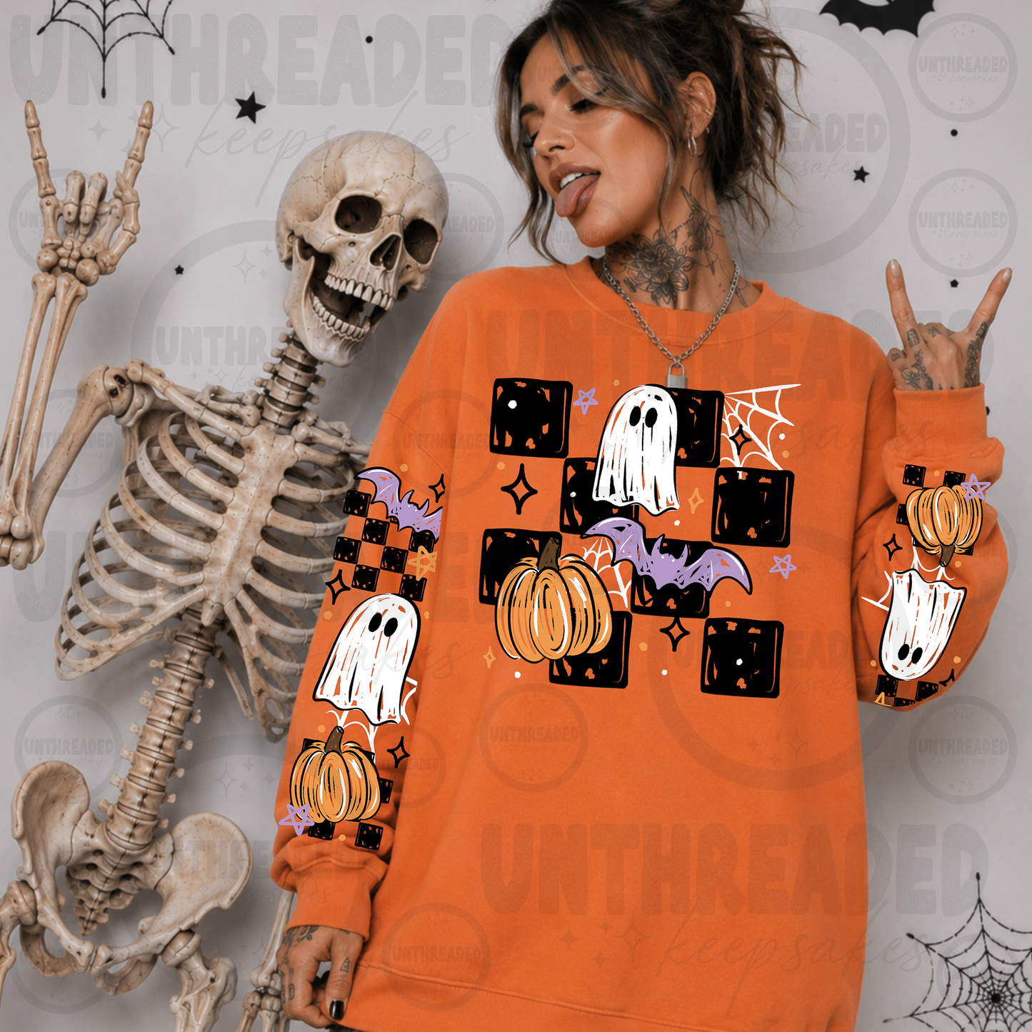 Ghost, Pumpkin & Bat Halloween Graphic Sweatshirt with Sleeve Design 🎃👻🦇