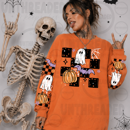 Ghost, Pumpkin & Bat Halloween Graphic Sweatshirt with Sleeve Design 🎃👻🦇