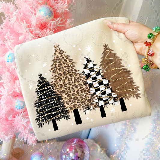 Neutral leopard and checkered Christmas tree crewneck