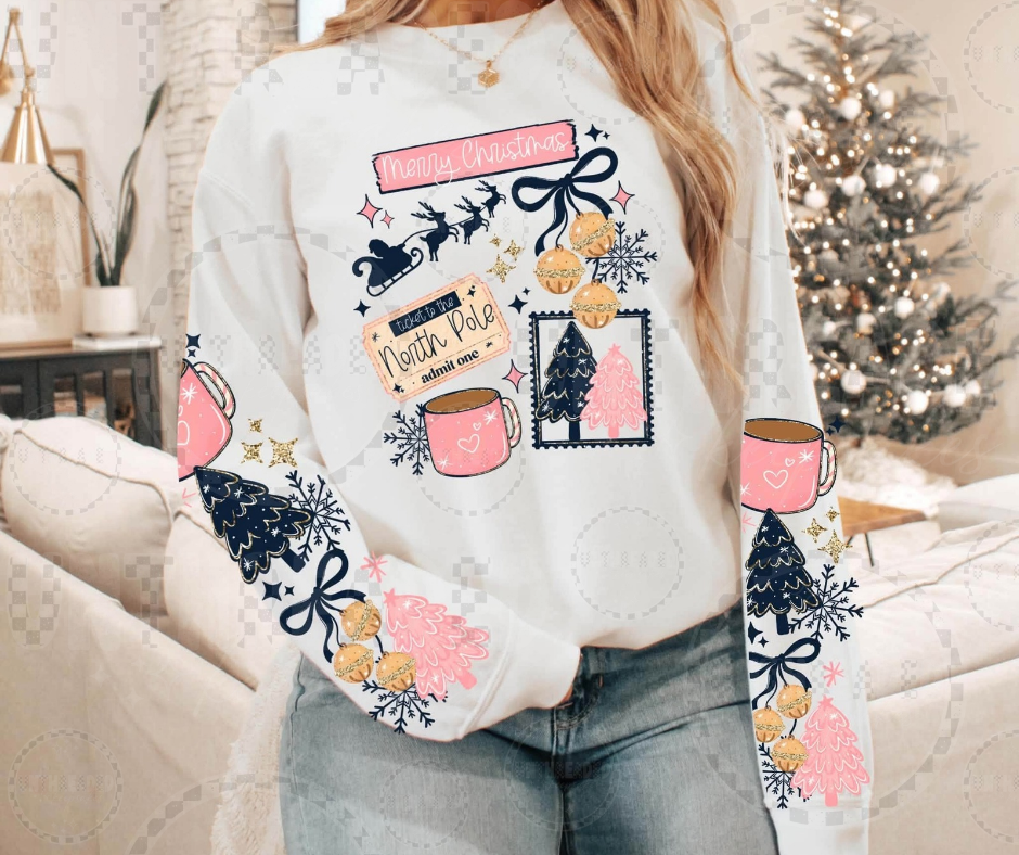 Merry Christmas North Pole white crewneck with pink and navy graphics