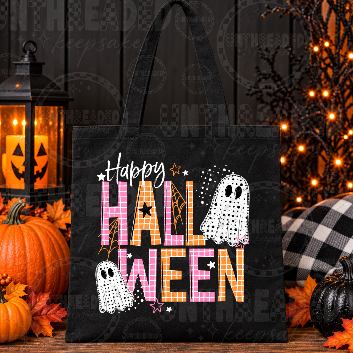 Happy Halloween Ghost Tote Bag | Pink & Orange Halloween Trick-or-Treat Bag