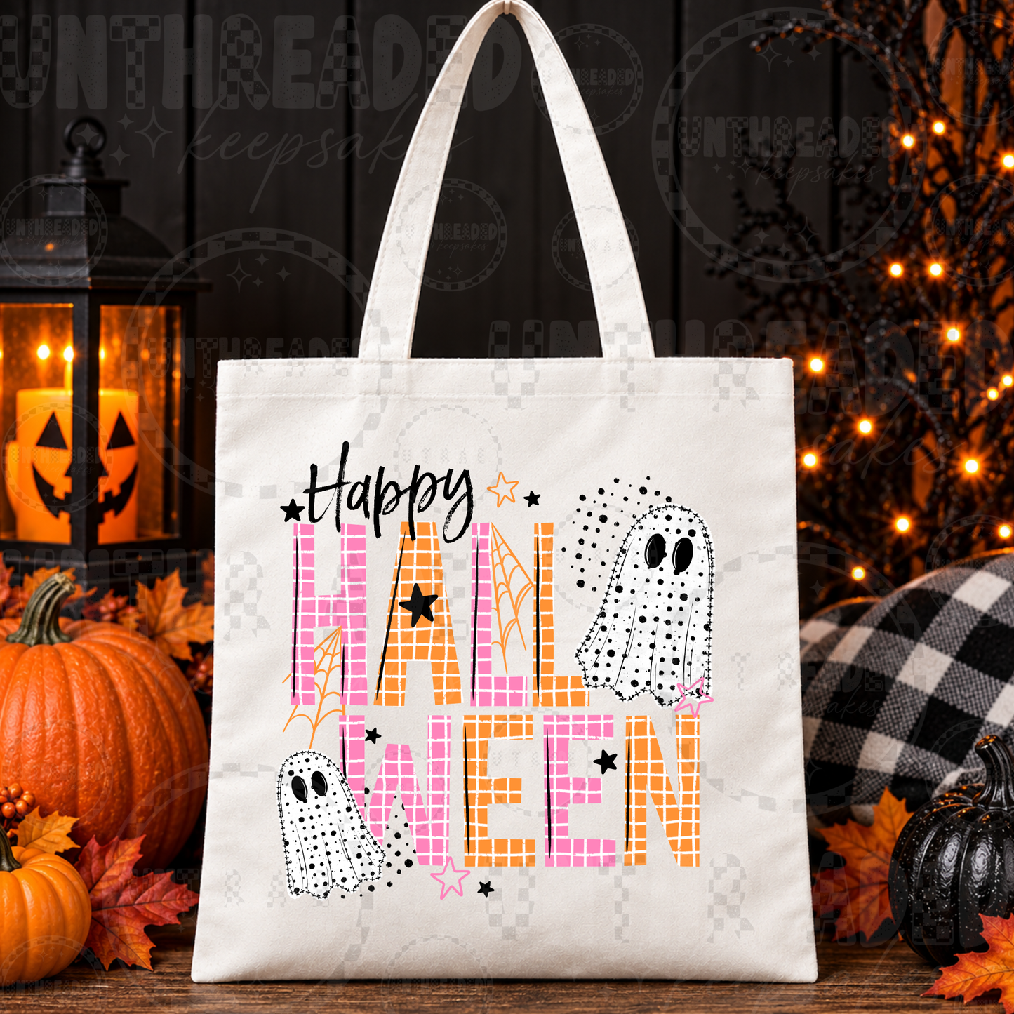 Happy Halloween Ghost Tote Bag | Pink & Orange Halloween Trick-or-Treat Bag