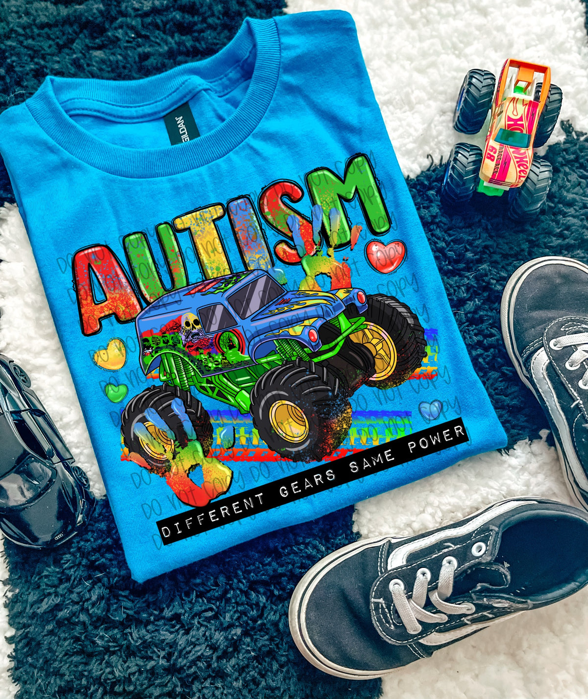 Bright blue autism monster truck graphic t-shirt, Different Gears Same Power