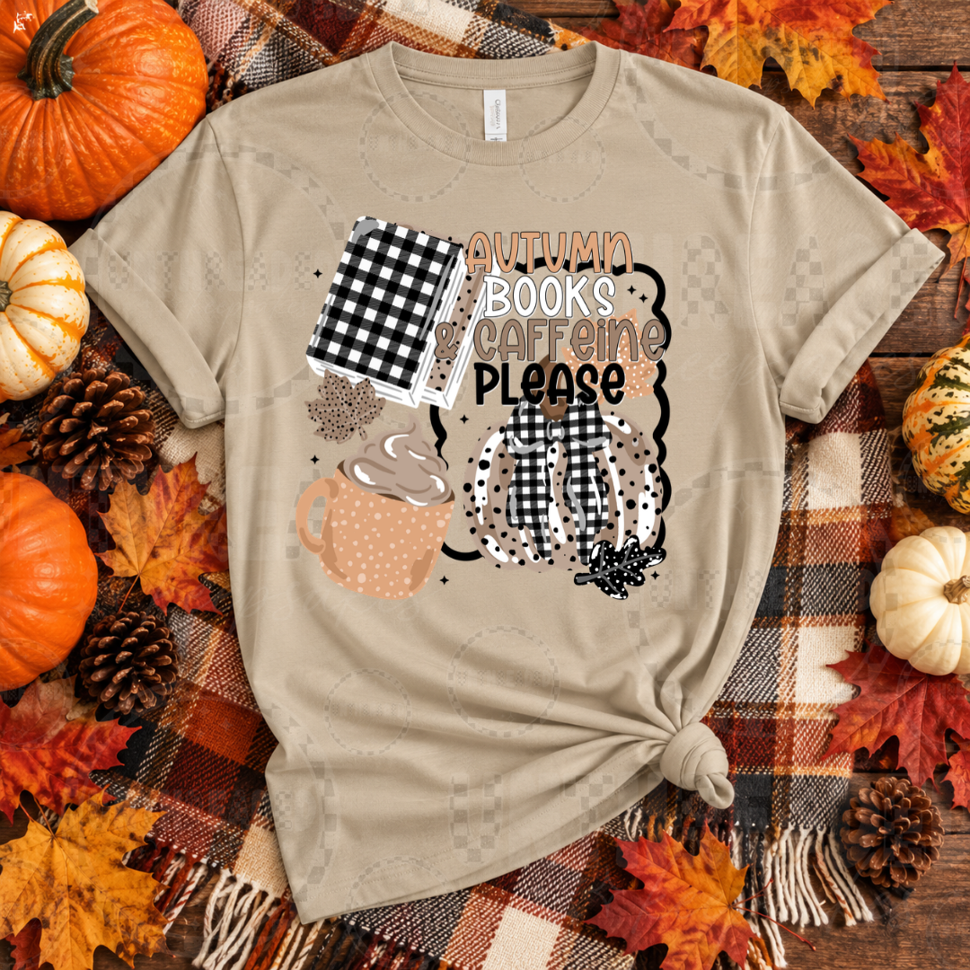 Autumn Books and Caffeine Please fall graphic t-shirt with books, coffee and pumpkin