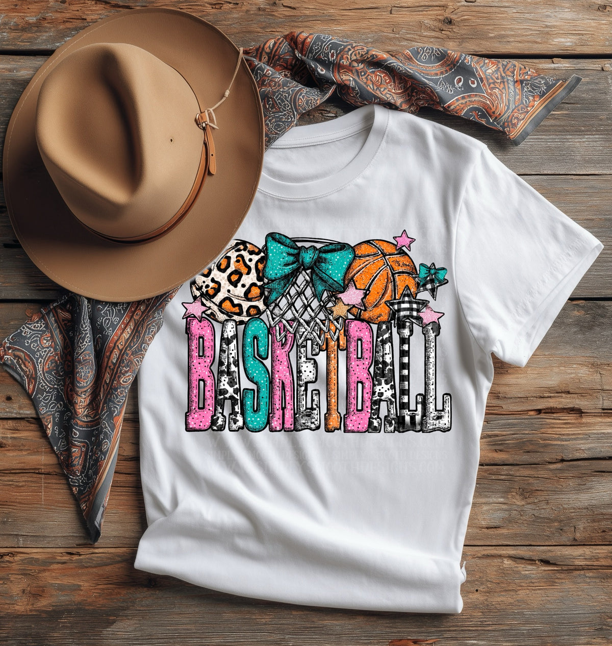 White girly basketball graphic tee with teal bow and leopard print