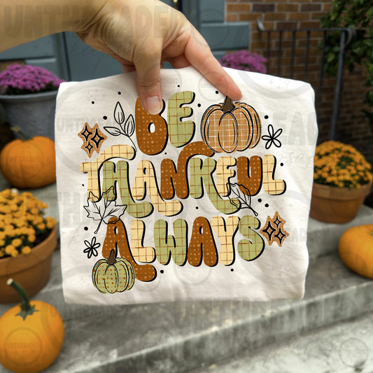 Cream Be Thankful Always patchwork pumpkin graphic T-shirt mockup