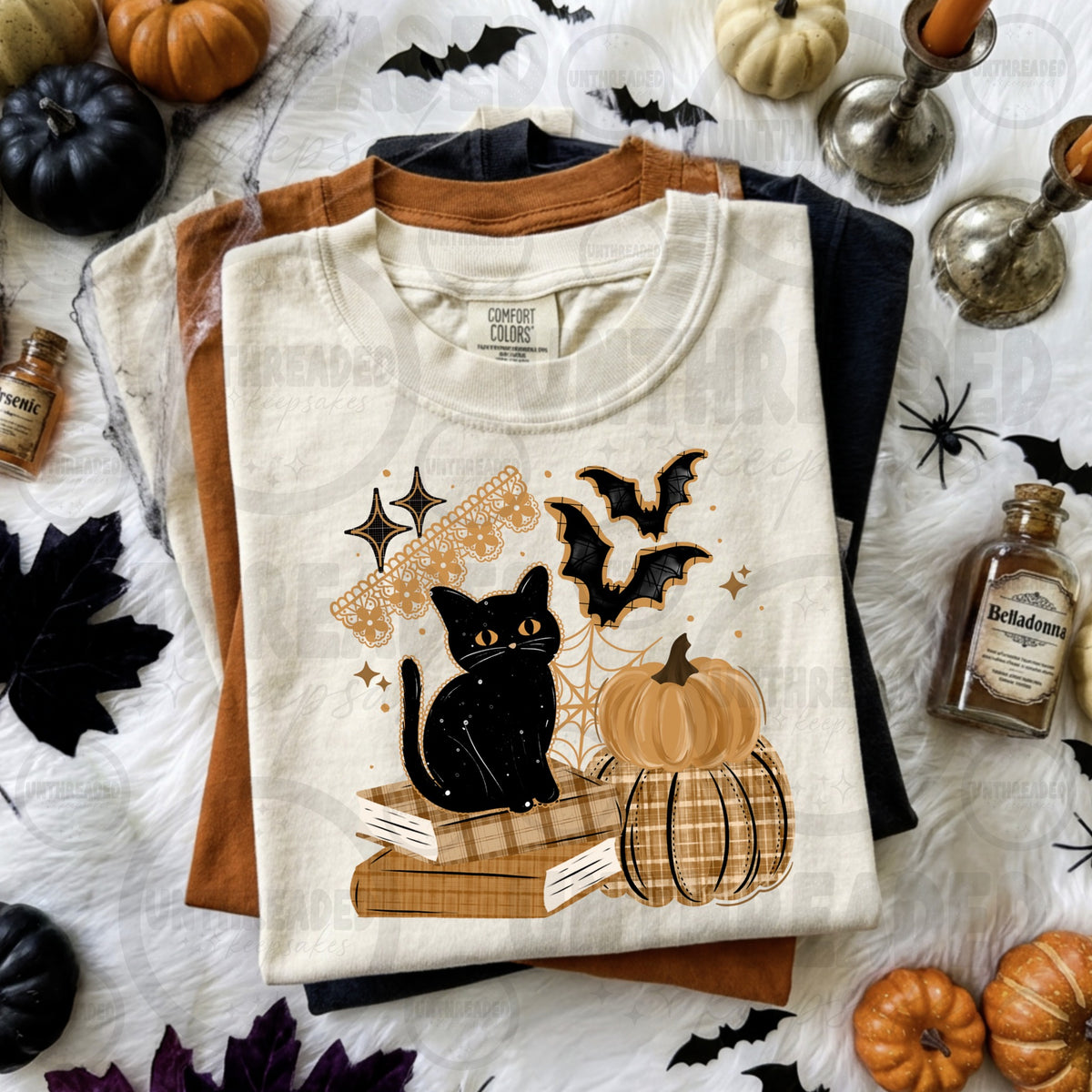 Black Cat, Bats & Pumpkins Halloween Graphic T-Shirt mockup