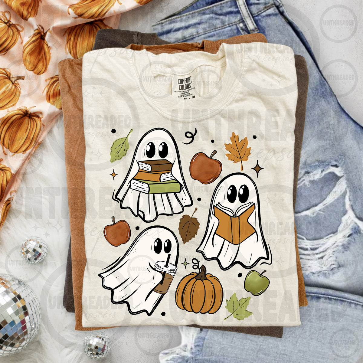 Bookish ghosts with books pumpkins and fall leaves on T-shirt mockup