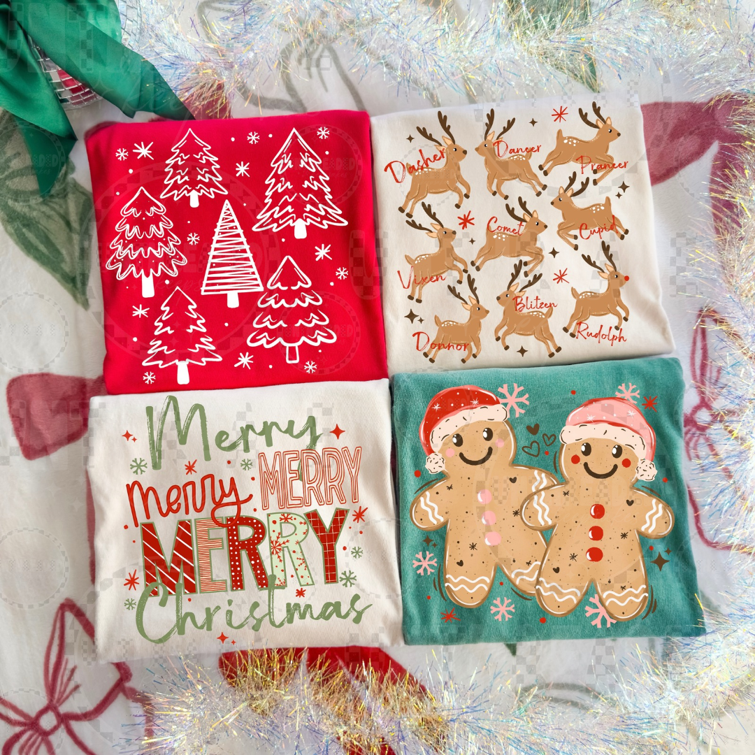 Four Christmas graphic shirt design options