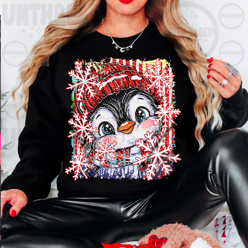 Cute Christmas penguin snowflake design on black crewneck sweatshirt