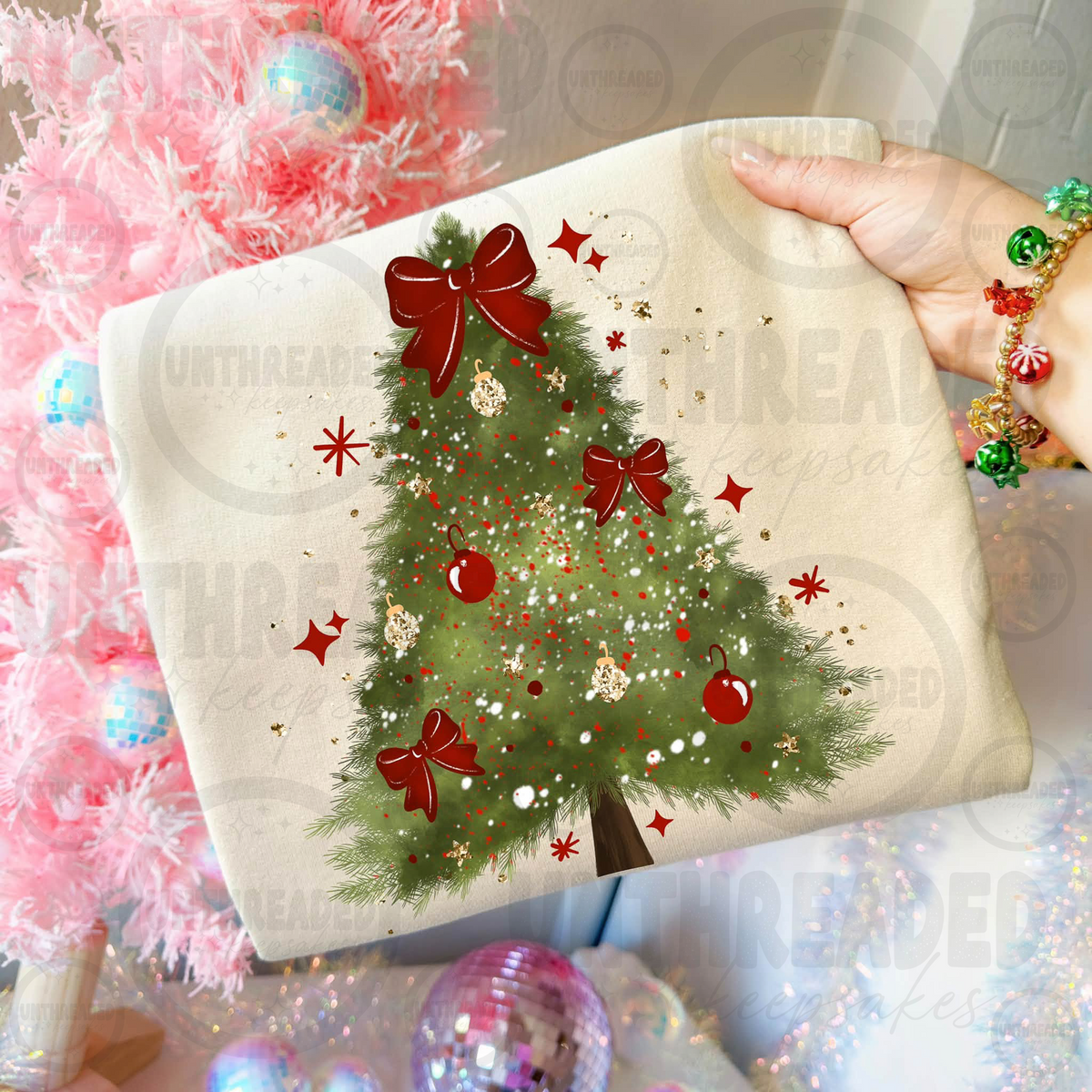 Christmas tree red bows and ornaments crewneck sweatshirt
