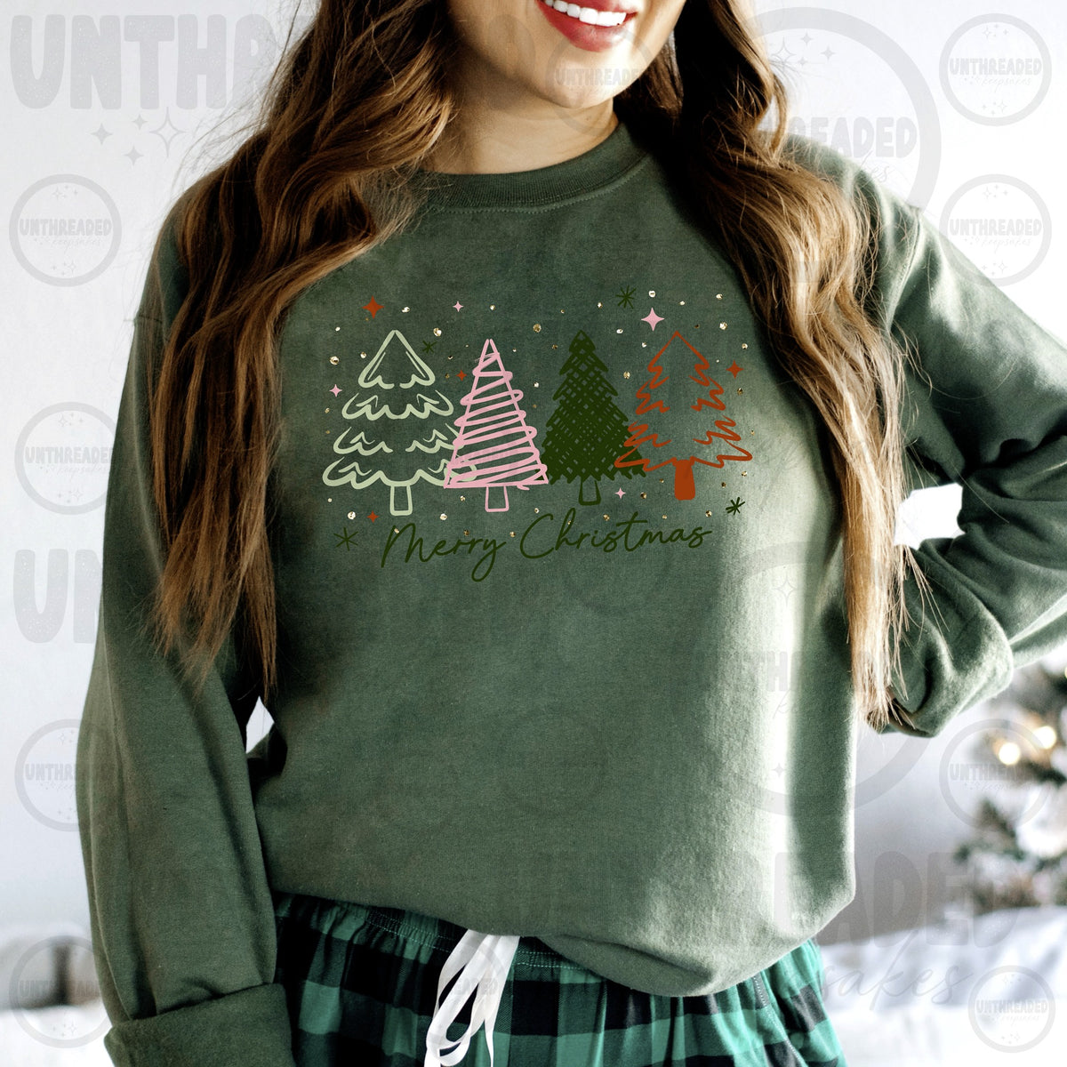 Merry Christmas trees green crewneck, Dark Green Accents print
