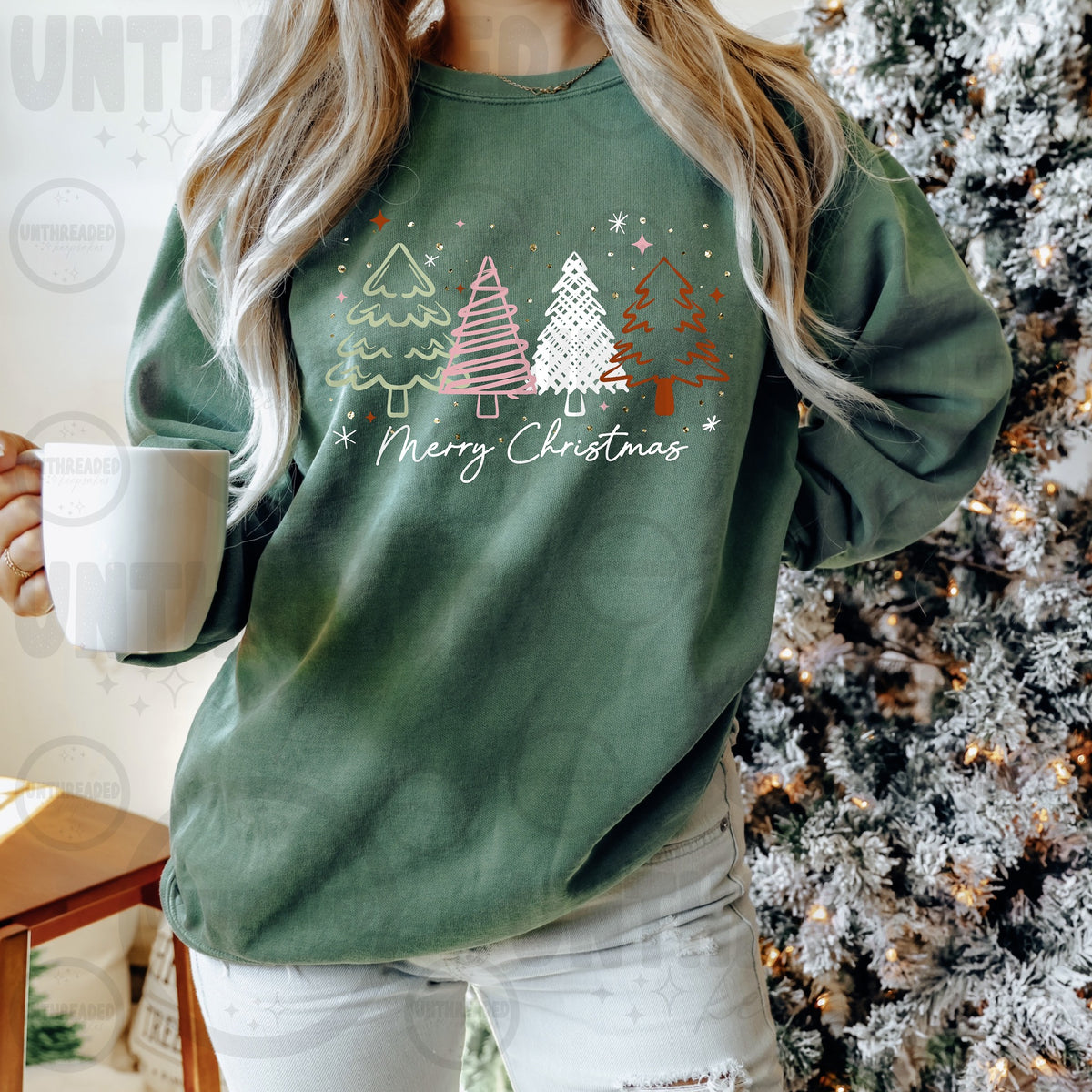 Merry Christmas trees green crewneck, Light Accents print