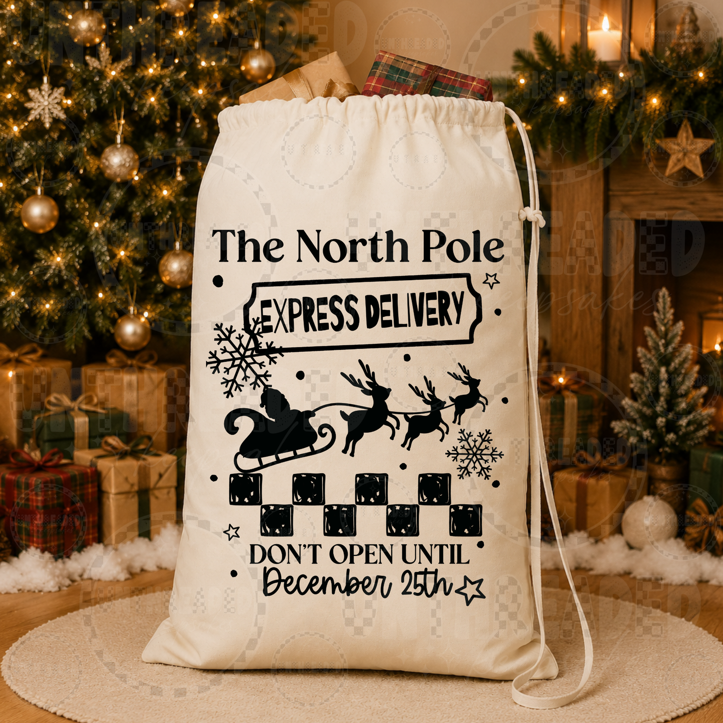 North Pole Express Delivery Christmas Santa Sack – 18" x 24" Cotton Canvas Gift Bag