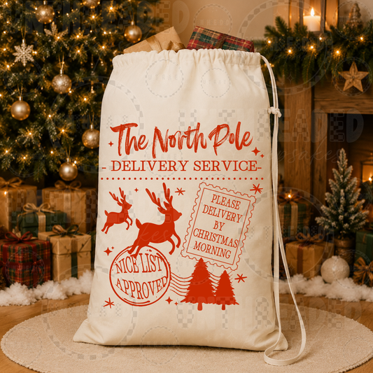 North Pole Delivery Service Christmas Santa Sack – 18" x 24" Cotton Canvas Gift Bag