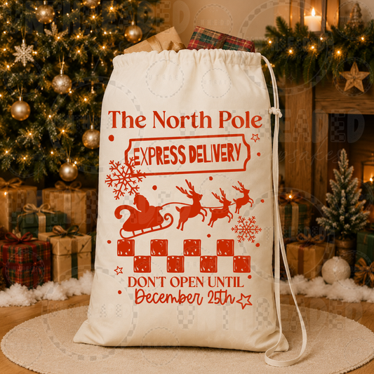 North Pole Express Delivery Christmas Santa Sack – 18" x 24" Cotton Canvas Gift Bag