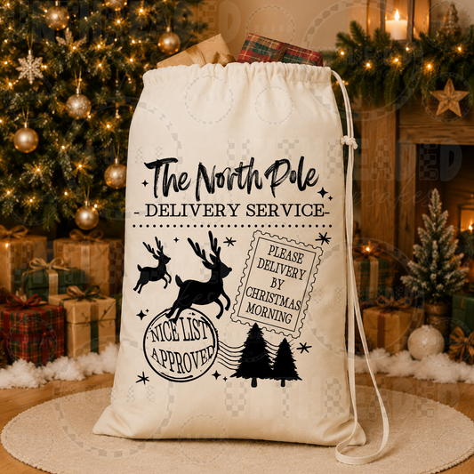 North Pole Delivery Service Christmas Santa Sack – 18" x 24" Cotton Canvas Gift Bag